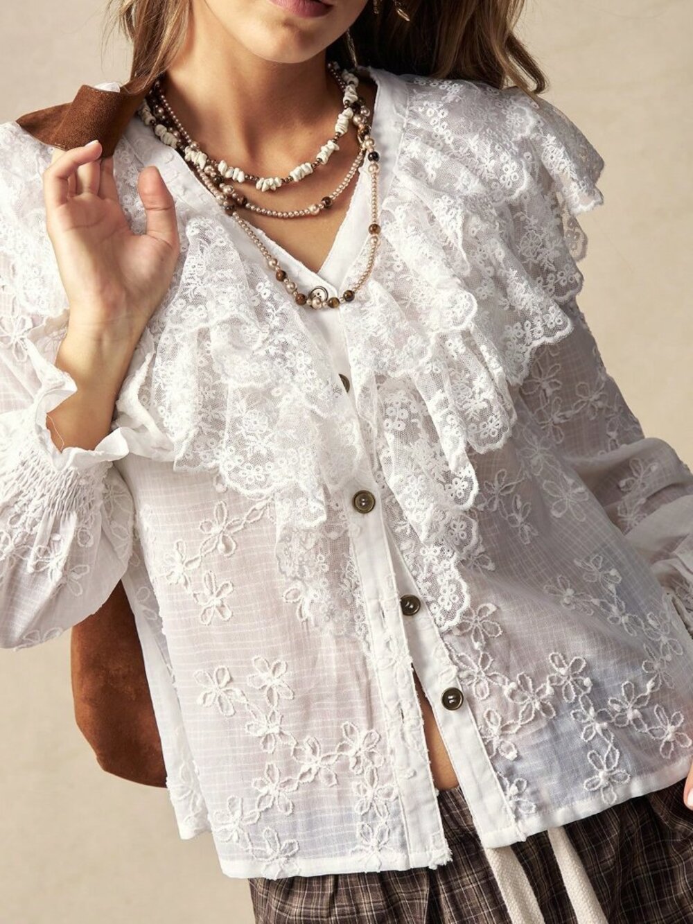 White Casual Women's Contrast Lace Ruffle Trim Button Front Blouse - Picture 5 of 7